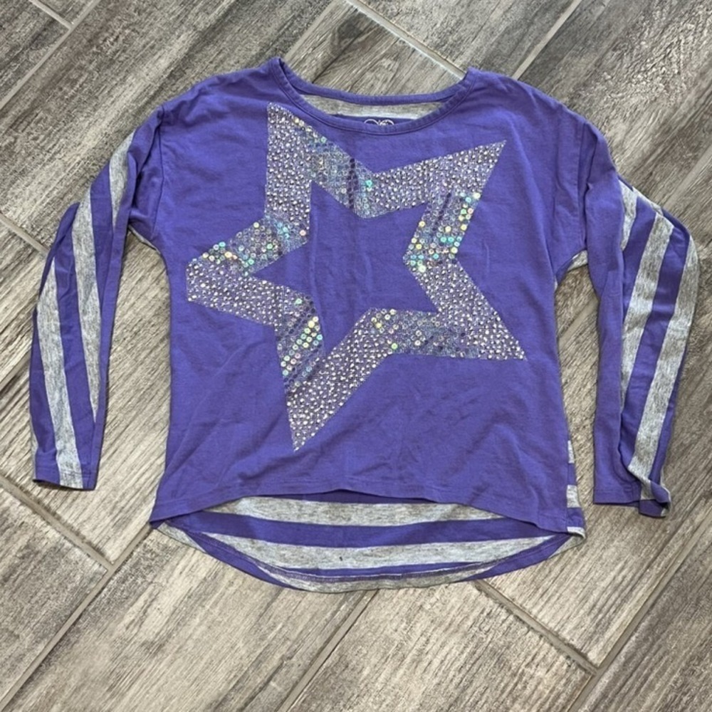 Justice Purple Gray Stripe‎ Star Sequin Top Long Sleeve Shirt Girls Size 7